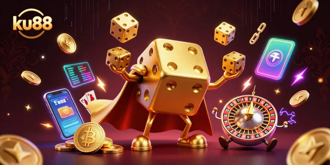 Betting on ku88 with lively golden dice and crypto elements in a vibrant casino scene.