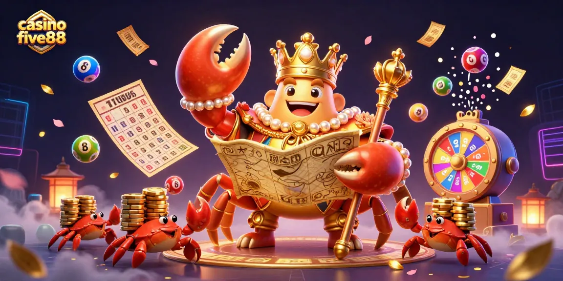 Experience exciting wins at casino five88 with the golden crab emperor amid vibrant lottery elements.