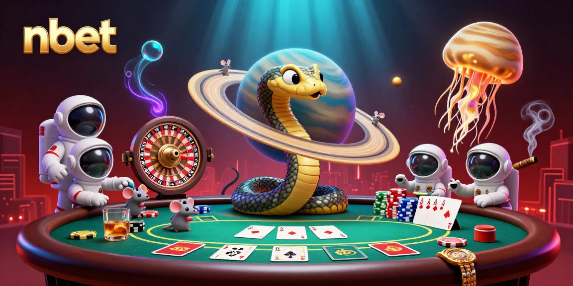 Nbet's vibrant cosmic casino featuring a Saturn ring snake and astronaut mice betting in space.
