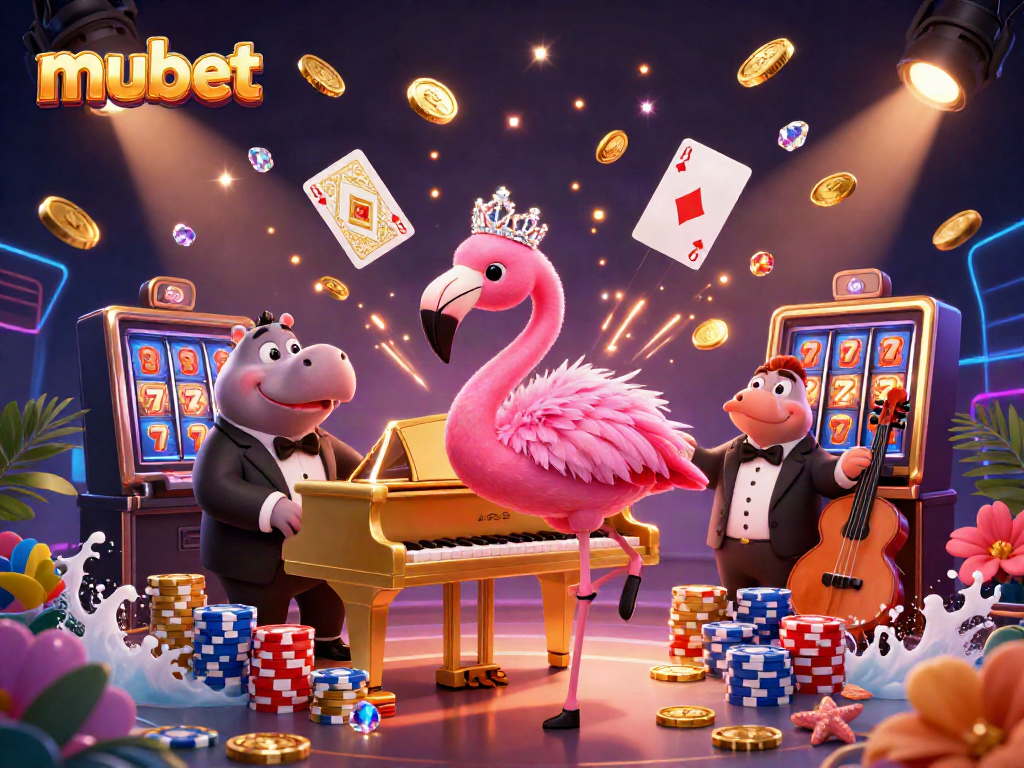 Experience the excitement of mubet's lively casino scene with animated characters and vibrant gambling elements.