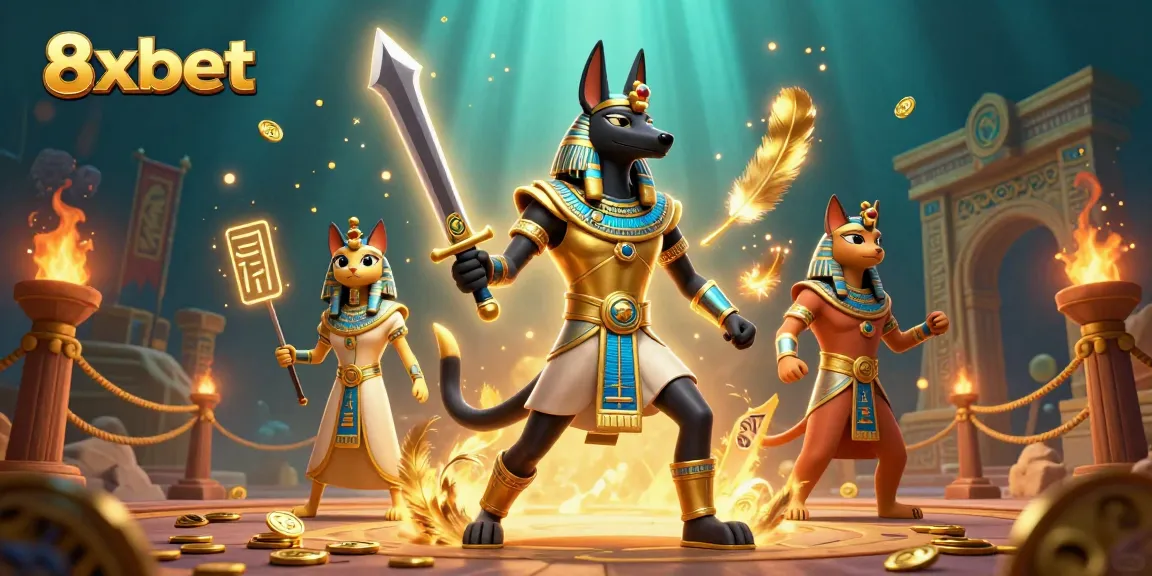 Experience thrilling action with 8xbet featuring a dynamic Anubis warrior in a vibrant gambling scene filled with gold coins and hieroglyphs.