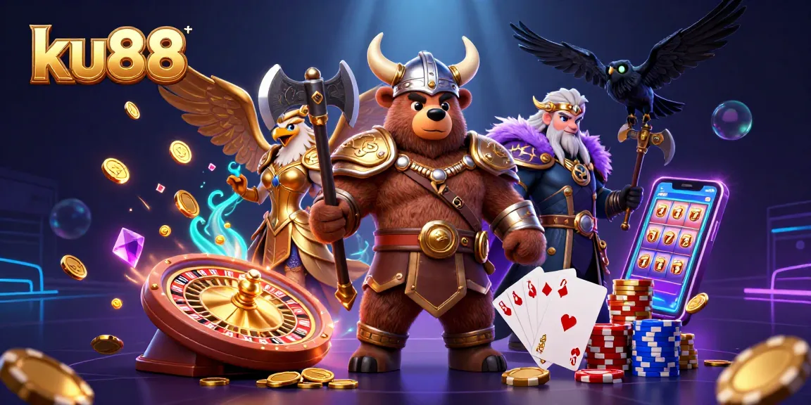 ku88 gambling experience featuring dynamic characters amidst vibrant casino elements.