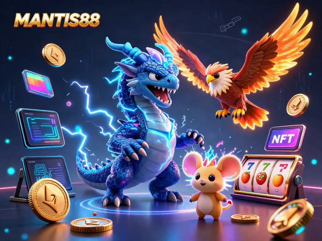 Engage with MANTIS88's electrifying gaming scene featuring mythical characters and vibrant slot elements.