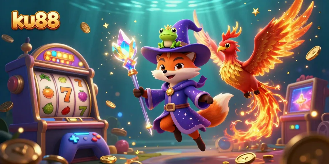 Experience the magic of ku88 with a mystical 3D wizard fox, phoenix, and gaming elements.
