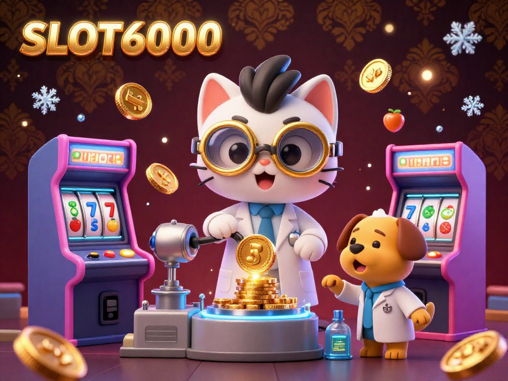 SLOT6000 offers exciting gameplay with slot reels and dynamic game elements in this captivating digital illustration.