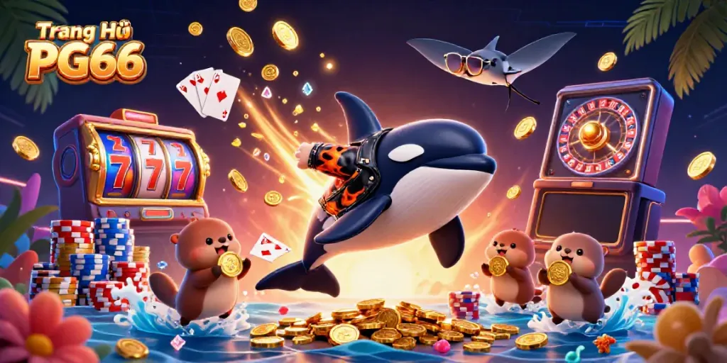 Experience thrilling gameplay at Trang Chủ PG66 with an orca in a biker jacket and sea creatures in casino action.