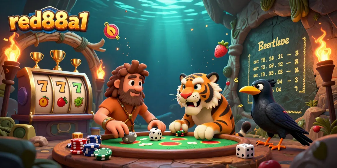 Experience the thrilling casino action at red88a1 with cartoon characters in an ultra-detailed illustrated scene.