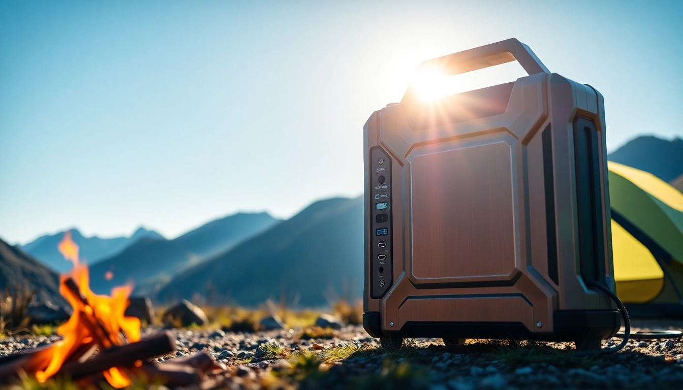 EcoFlow portable power station showcased in a natural outdoor setting with camping gear.