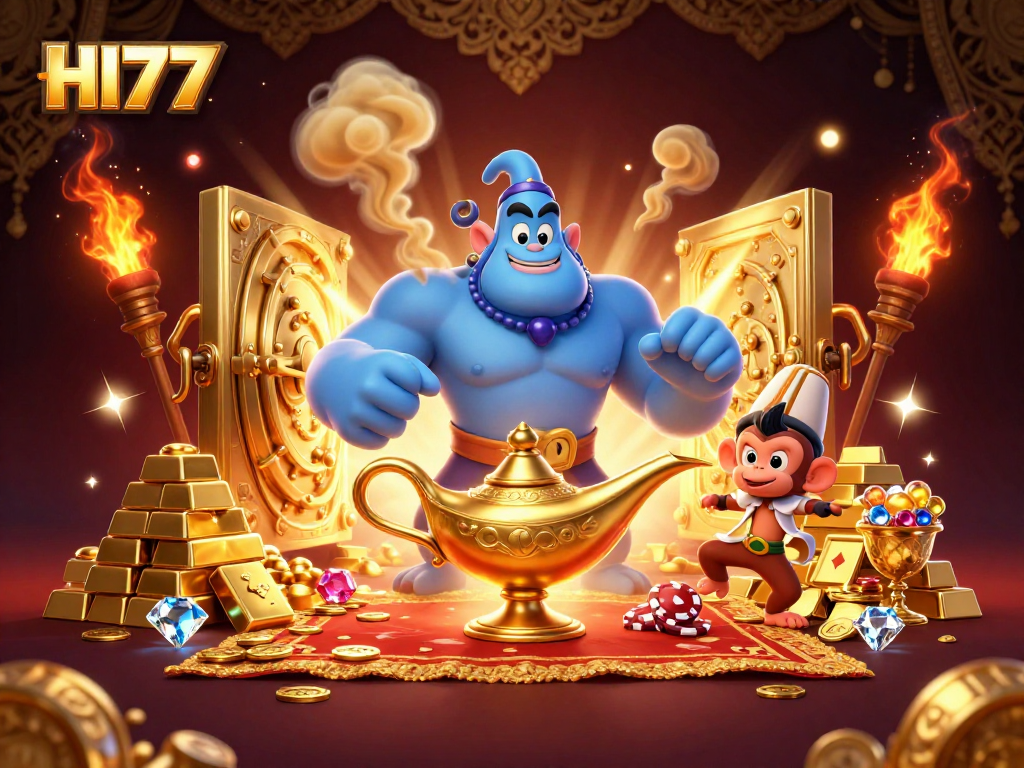 Experience the thrill of HI77 with a vibrant 3D scene of a genie, gold treasures, and playful elements.