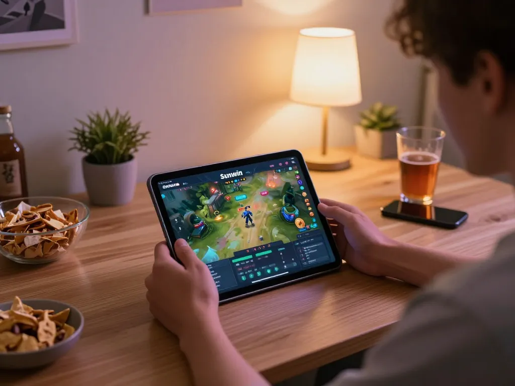 Playing Sunwin casino games on a tablet in a cozy home setup with snacks