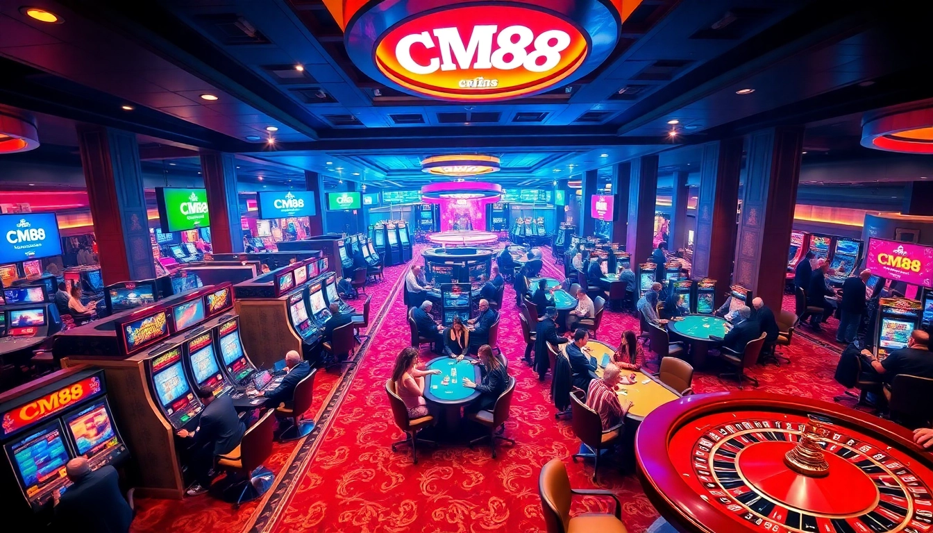 Experience the thrill of CM88 gaming in a vibrant casino atmosphere with players at poker tables.