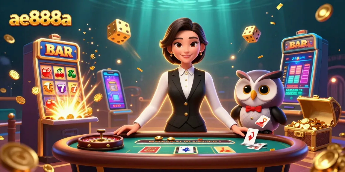 Experience exciting ae888a gameplay with immersive 3D casino illustration featuring dynamic dealers and vibrant game elements.