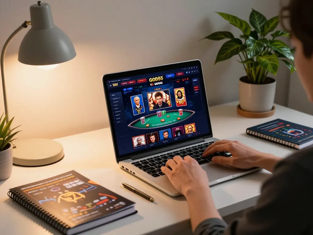 Engaging with the god55 online casino on a laptop in a stylish home office setting, showcasing strategic play and comfort.