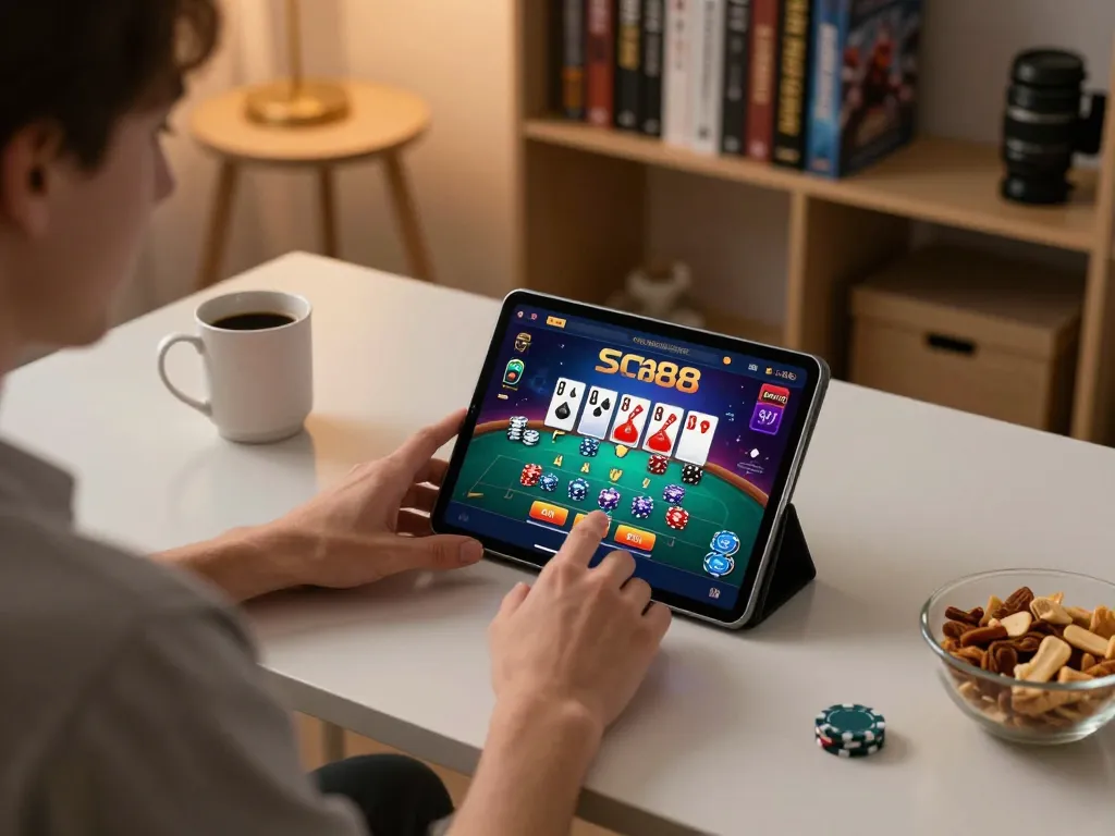 Player enjoying online gaming at SC88 with vibrant poker graphics on a tablet in a cozy setting