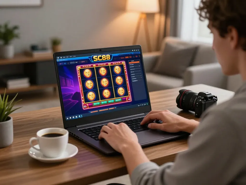 Player engaged with SC88 online casino app, showcasing excitement in a cozy home setup.