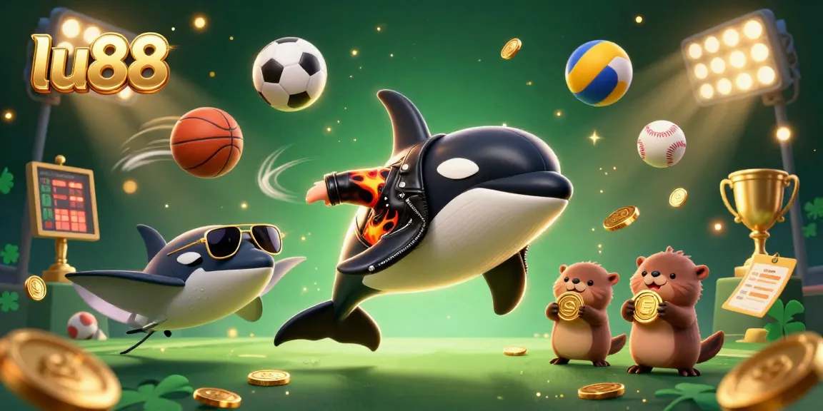 lu88 showcases an engaging illustration with a dynamic 3D orca and sea creatures celebrating sports betting.