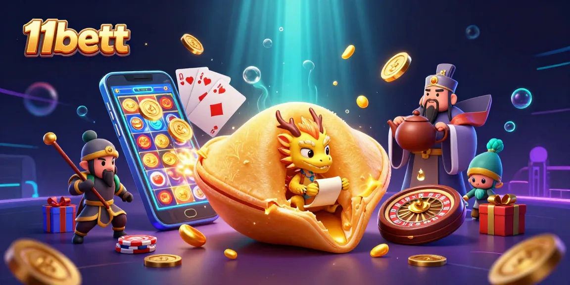 Engage with 11bett's dynamic gaming scene featuring a golden fortune cookie and vibrant slot elements.