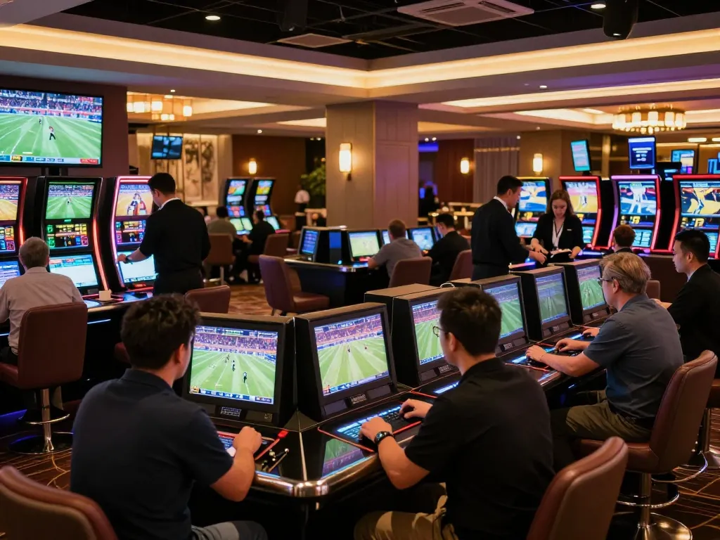 Excited bettors engaging with F8bet's live sports betting screens in a luxury lounge atmosphere.