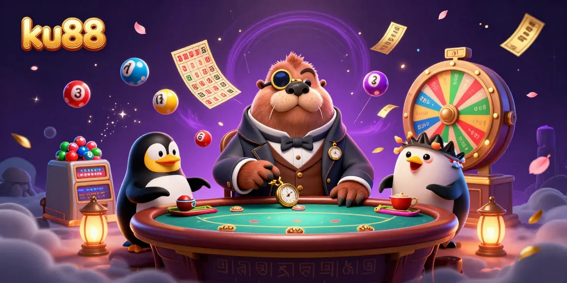 ku88 engages players with a jolly walrus at an underwater poker table, surrounded by vibrant casino elements.