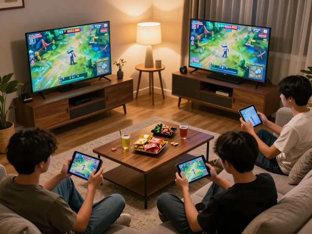 Engaged players enjoying game bài đổi thưởng HITCLUB in a cozy home setting, highlighting casual online gaming experience.