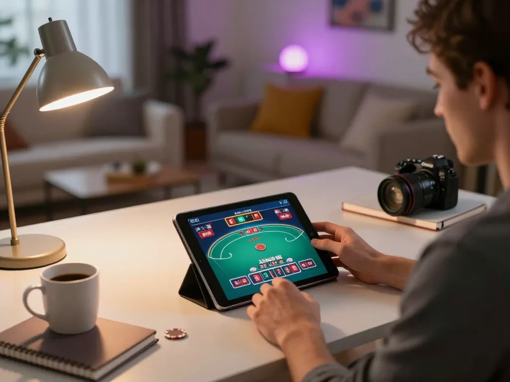 Engaging with LOTO188 LINK MỚI on tablet for online casino gaming, showcasing strategic betting.