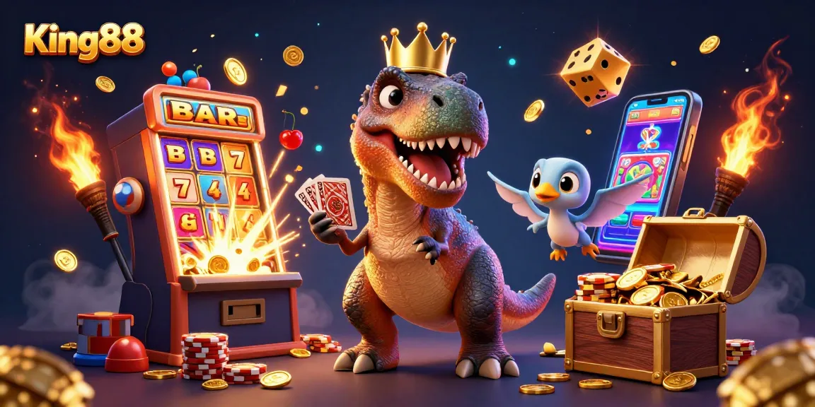 Play with King88 at an engaging casino illustrated scene with dynamic characters and vibrant gaming elements.