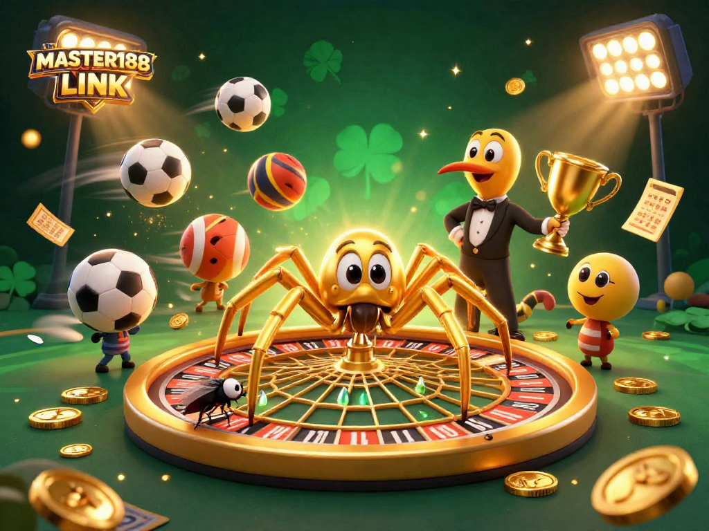 Experience the excitement of betting with MASTER188 LINK in a vibrant 3D casino scene featuring a golden spider roulette wheel and sports elements.