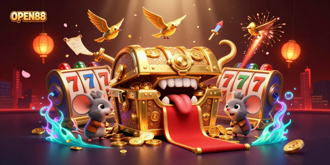 Experience thrilling gameplay with OPEN88 at a vibrant casino world featuring slot reels and lucky treasures.