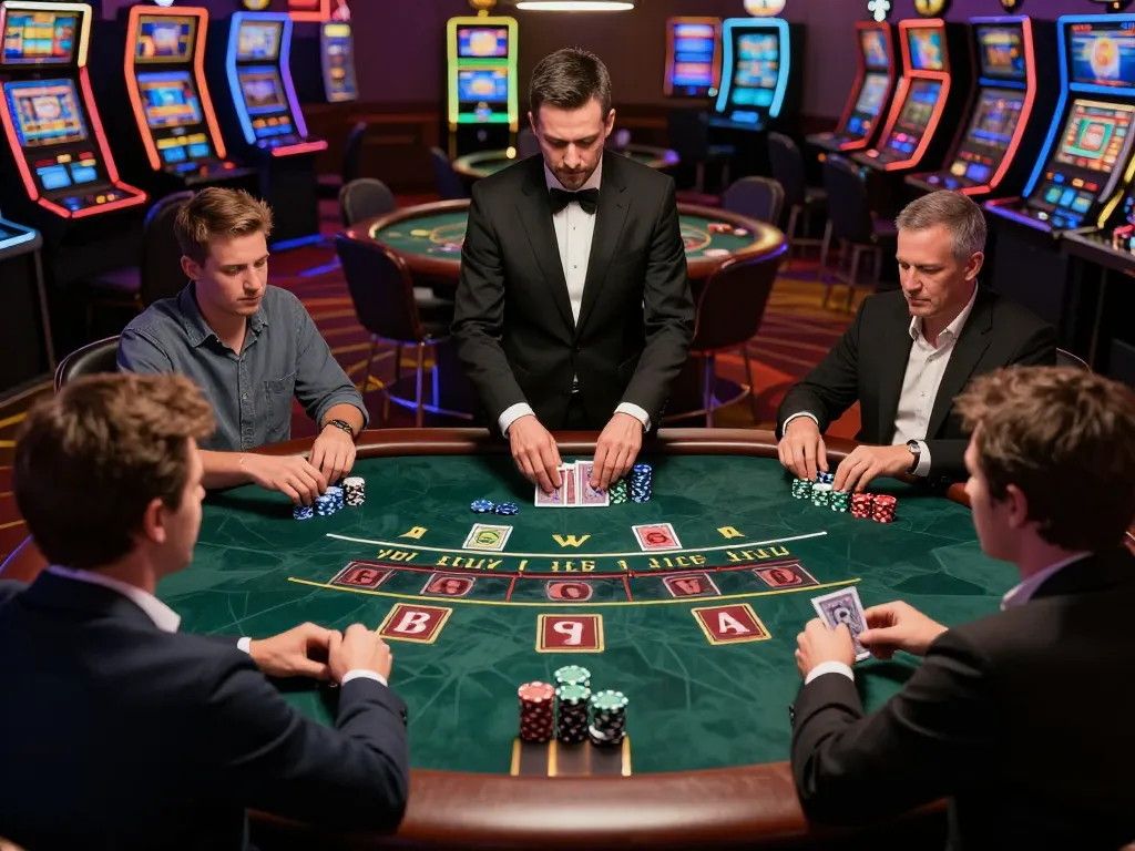 3win blackjack players strategizing bets at an upscale casino table.