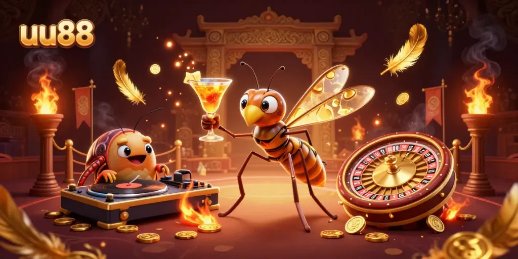 uu88 showcases a vibrant casino scene with a frozen mosquito mascot, trilobite DJ, and ammonite roulette wheel.