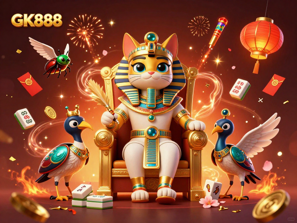 Experience thrilling gameplay with GK888, highlighted by a regal cat pharaoh and exciting casino elements.