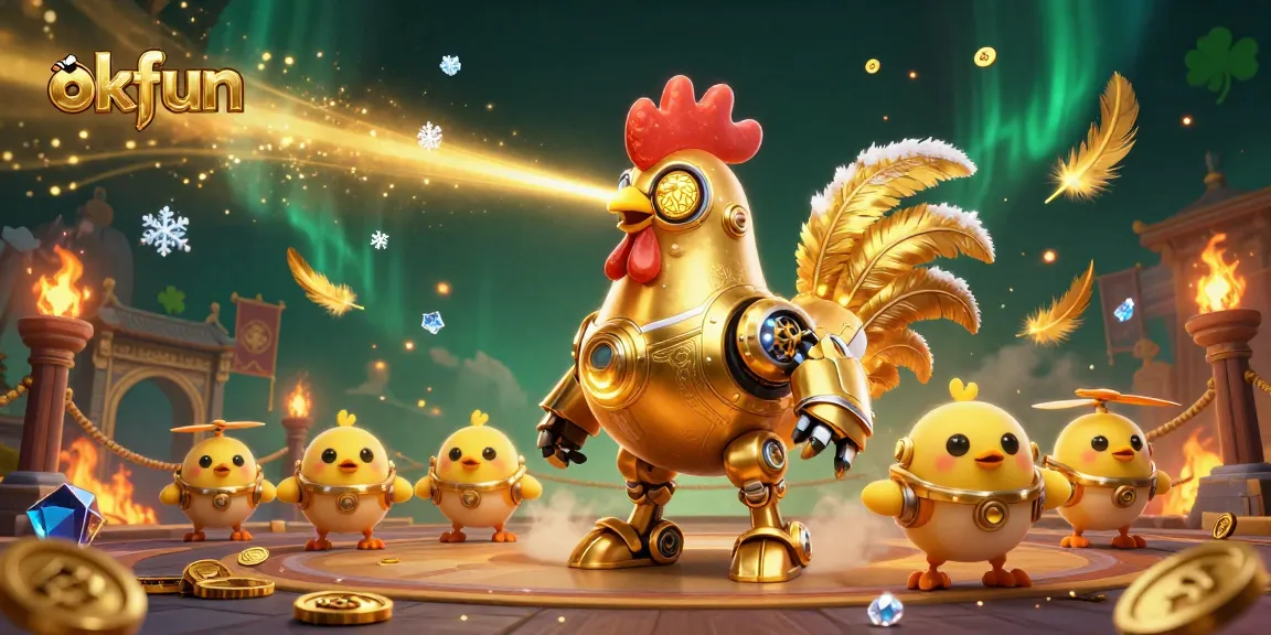 Experience the thrill of okfun with dynamic golden rooster robots in a vibrant 3D casino scene.