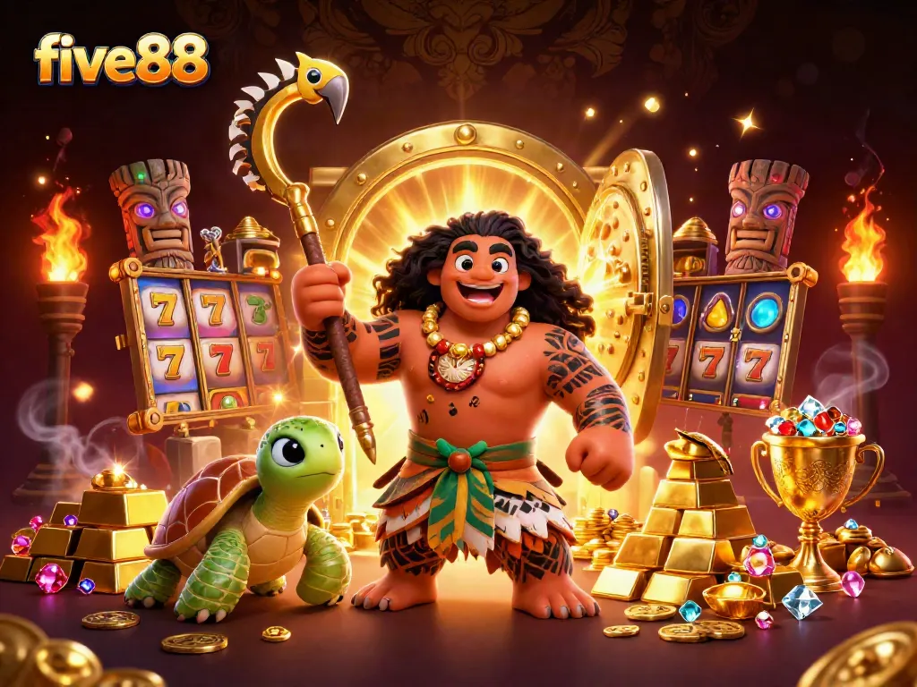 Engage with five88's exhilarating slots featuring dynamic reels and vibrant visuals in a captivating casino scene.
