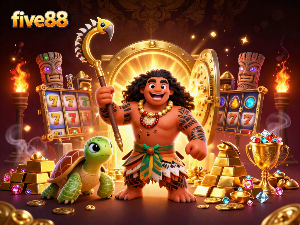 Engage with five88's exhilarating slots featuring dynamic reels and vibrant visuals in a captivating casino scene.