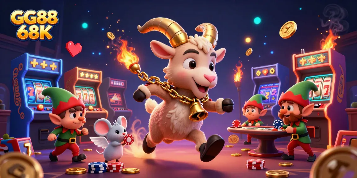 Engage with the thrilling GG88 68K casino scene featuring Krampus, mouse, and elf gremlins amidst glimmering slots.