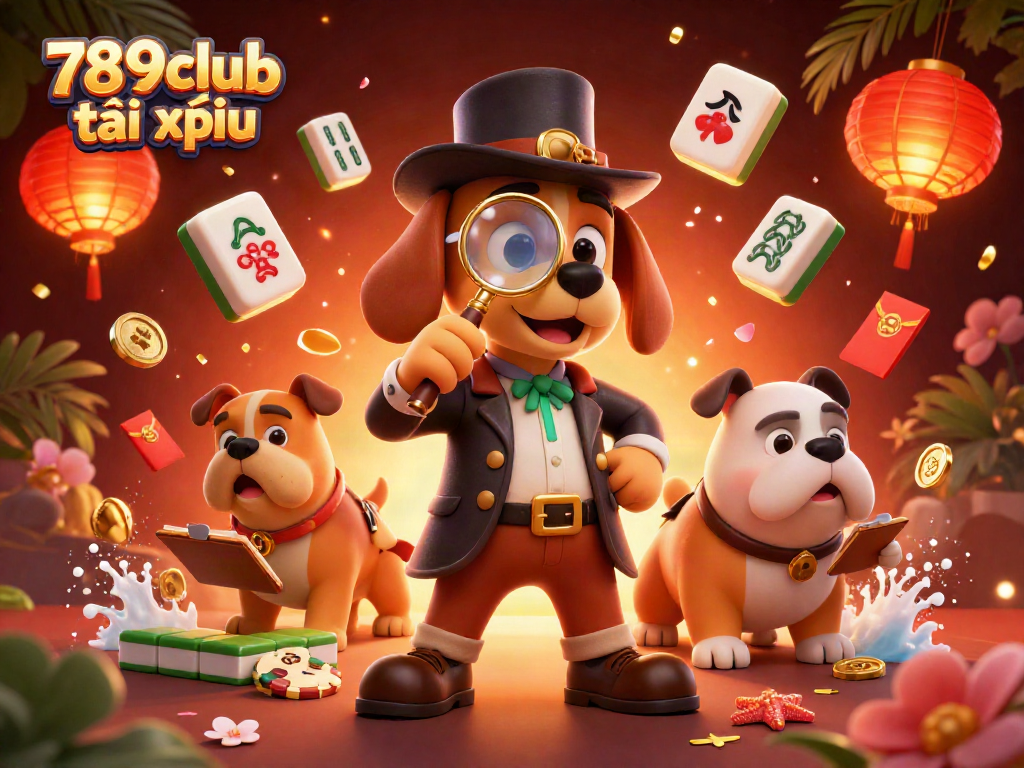 Play exciting 789club tài xỉu with a detective bloodhound and his bulldog companion in a vibrant casino scene.