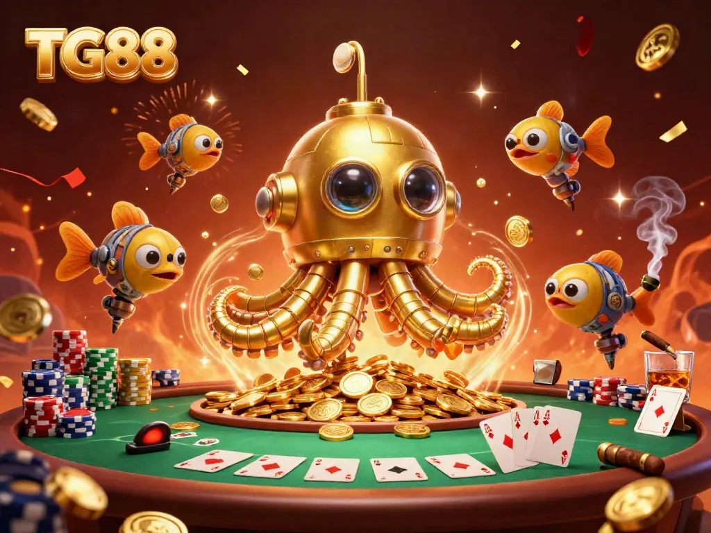 Experience the excitement of TG88 with a golden kraken submarine amidst vibrant poker games and immersive casino elements.