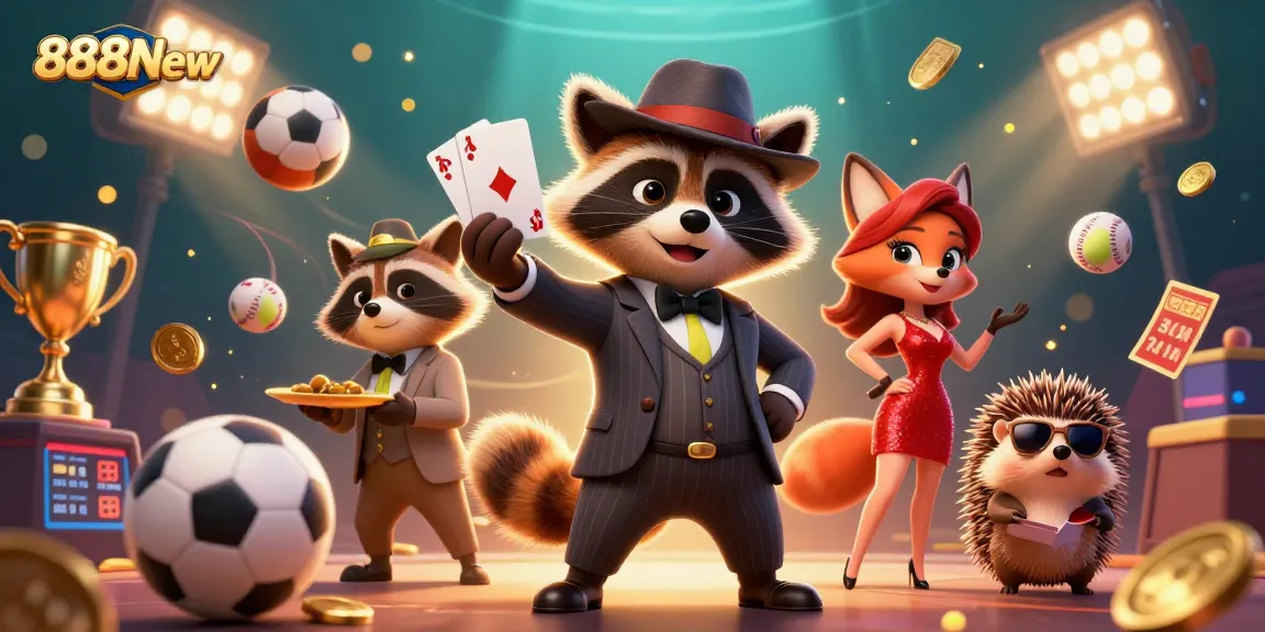 Engage with 888New's thrilling casino environment featuring a raccoon, fox, and hedgehog in a vibrant scene!