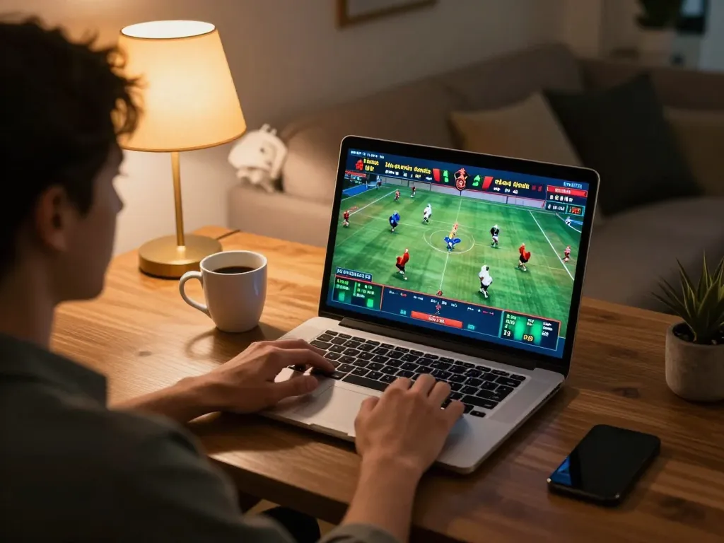 Engaging in đá gà trực tiếp while enjoying a cozy home gaming setup with a laptop.
