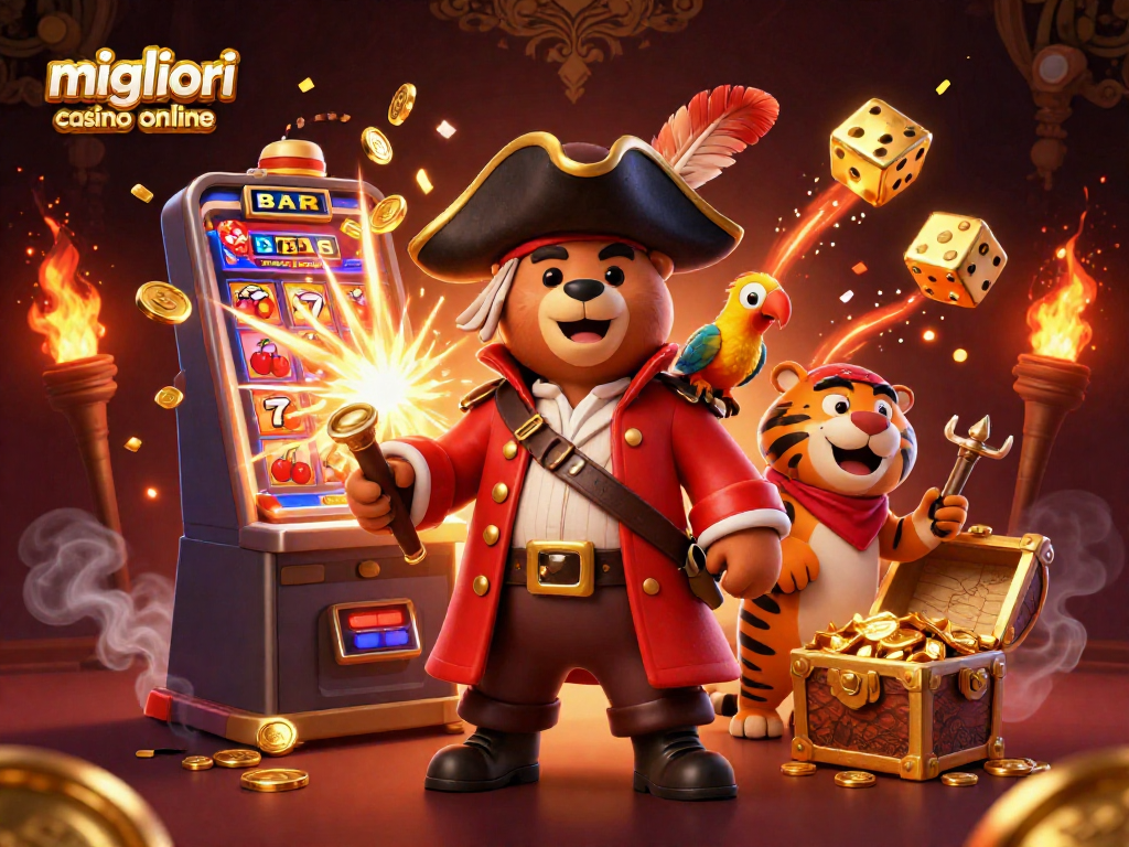Scopri i migliori casino online con il bear pirata e il suo equipaggio in un'emozionante scena ricca di azione.