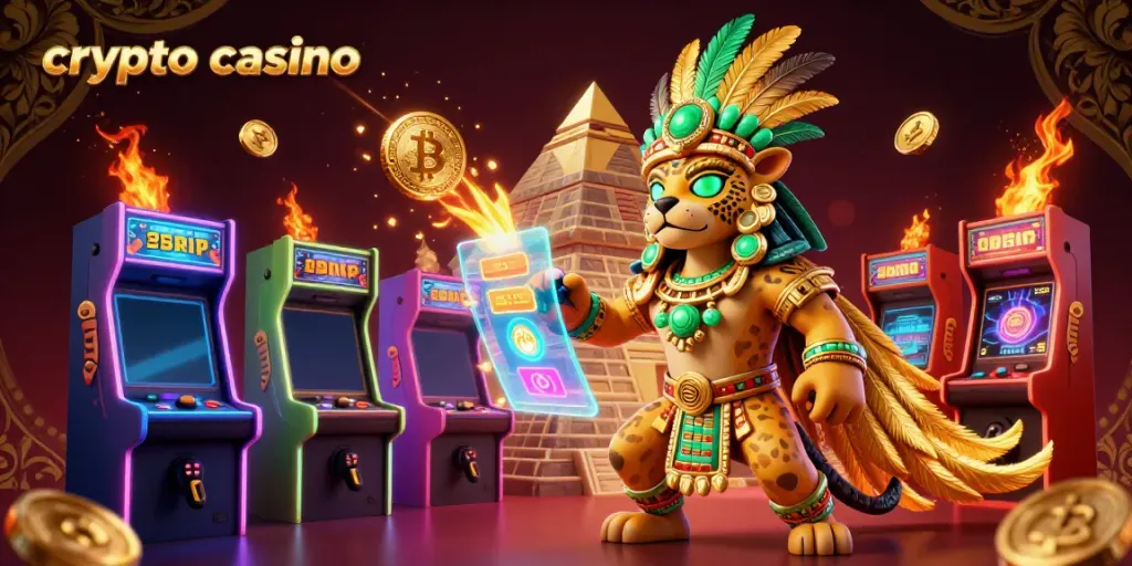 Experience the thrill of a crypto casino with 3D Mayan characters amidst vibrant gaming elements.