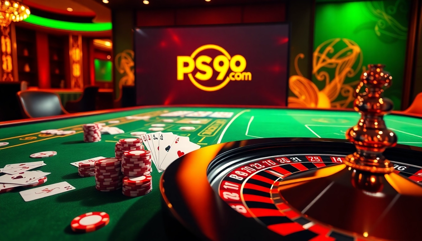 Experience the thrilling gaming action at PS99 COM with vibrant casino tables and a roulette wheel.