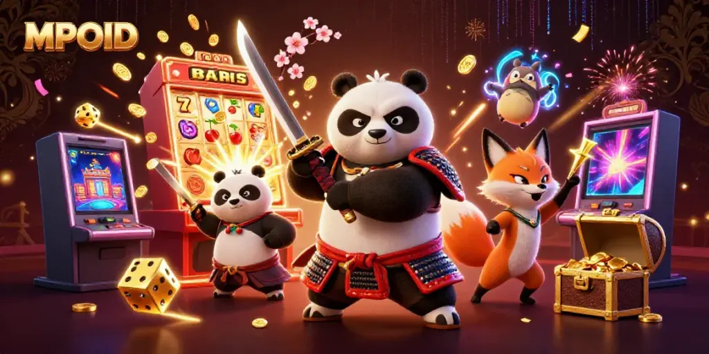 MPOID showcases an exciting casino scene with a samurai panda and fox ninja in action.