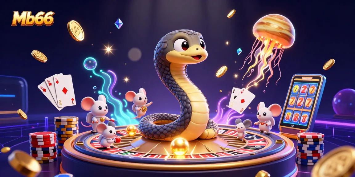 Engage with Mb66's exciting 3D casino universe featuring a roulette wheel and astronaut mice betting.