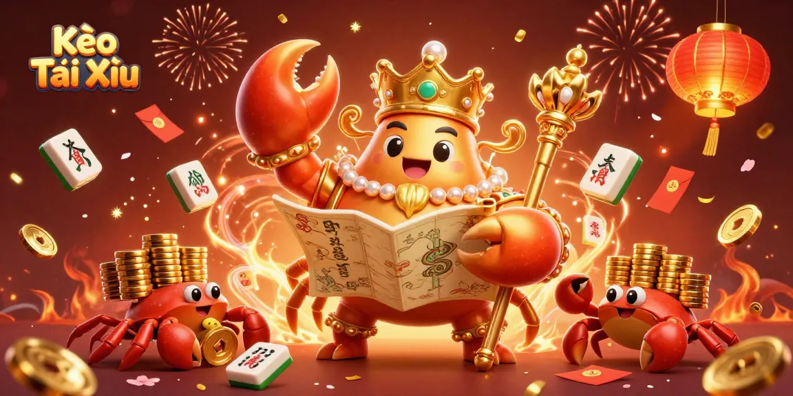Kèo Tài Xỉu game illustration featuring a golden crab emperor with treasure elements and vibrant casino symbols.