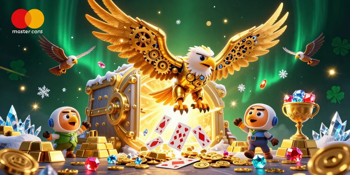 Engage with exciting mastercard casinos showcasing a cybernetic eagle amidst holographic cards and treasures.