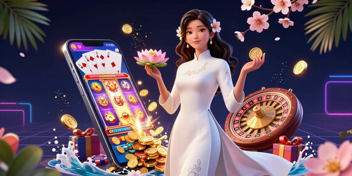 Experience cm88 with a photorealistic Asian woman in a white ao dai, holding a lotus flower amid slot game visuals.