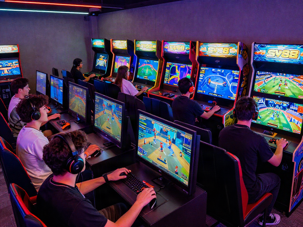 Players exploring online games at https://playsv88.net/ in a neon-lit gaming lounge, showcasing excitement and vibrant visuals.