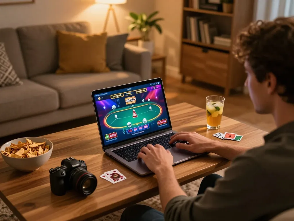 Engaging player at home using laptop for online casino gaming at https://f168.sarl/ in a cozy setting.