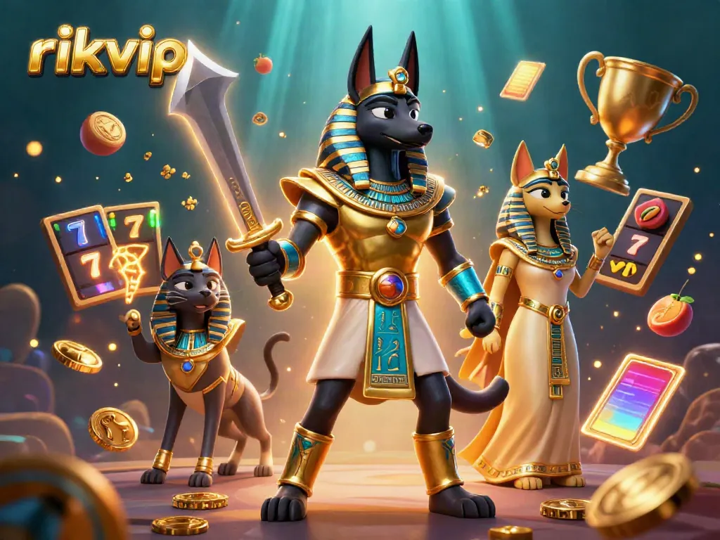 Experience exciting gameplay at rikvip, featuring thrilling slot games and dynamic visual elements in a colorful 3D illustration.